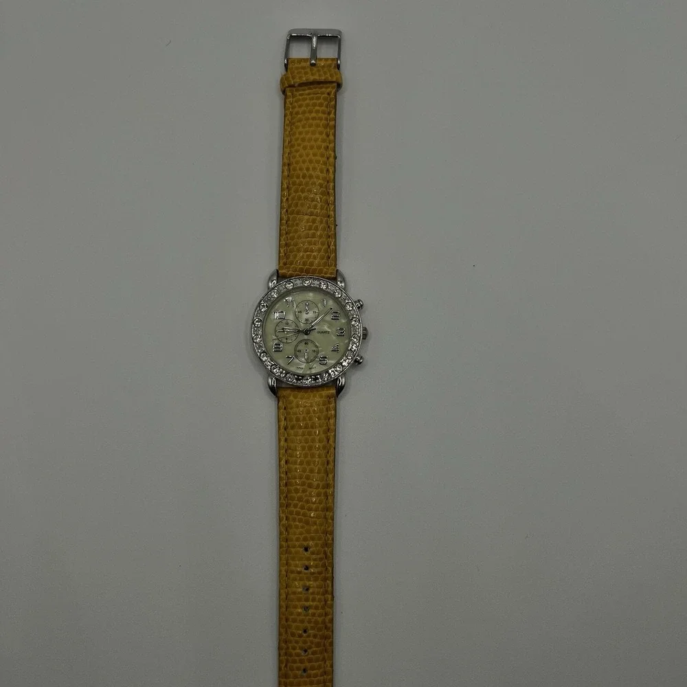CG Women's Quartz Watch Rhinestone Bezel MOP Dial Plastic Band Needs New Battery
